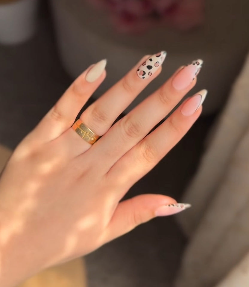 Leopard French Almond Press-On Nails Set 12 pcs - Free Sticker Sheet