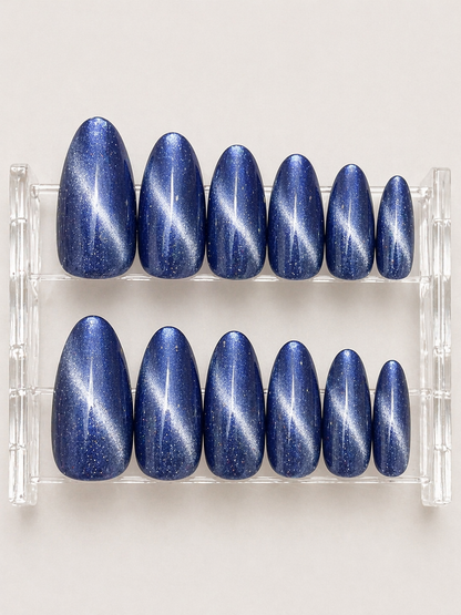 Midnight Blue Cat Eye Magnetic Press-On Nails 12 pcs + Free Sticker Sheet