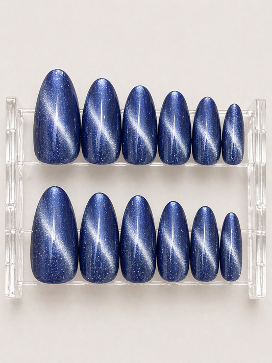 Midnight Blue Cat Eye Magnetic Press-On Nails 12 pcs + Free Sticker Sheet