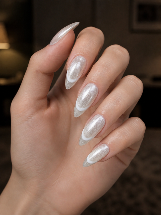 Cat Eye Sage Grey Press-On nails Set 12 pcs - Free Sticker Sheet