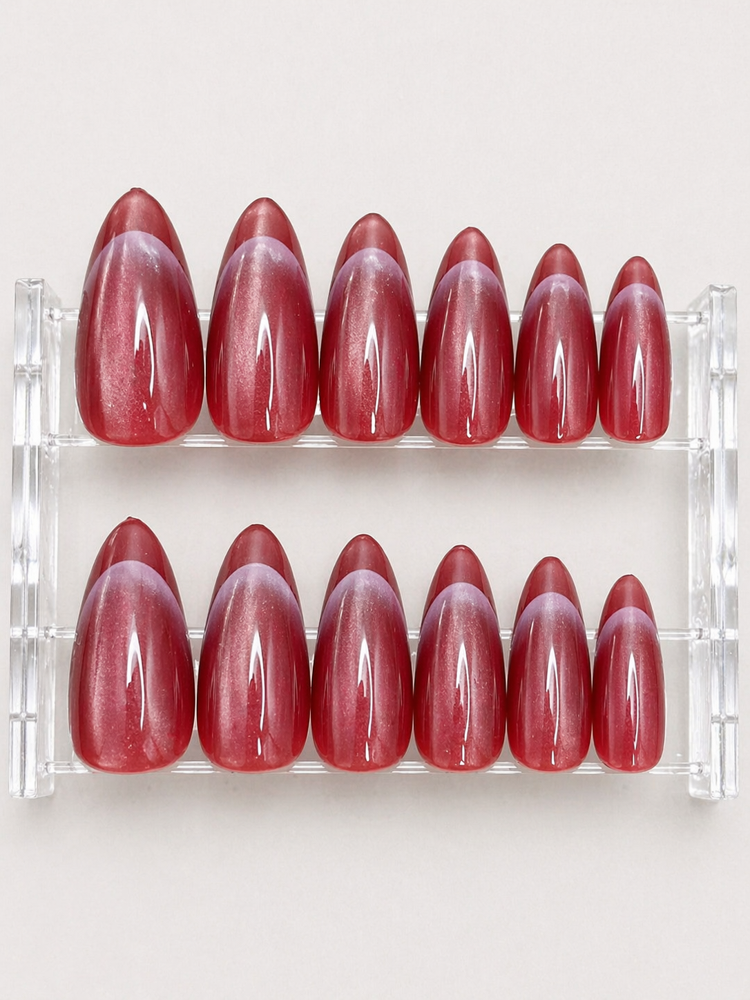 Cat Eye Glossy Red French Press-On nails Set 12 pcs - Free Sticker Sheet