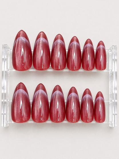 Cat Eye Glossy Red French Press-On nails Set 12 pcs - Free Sticker Sheet