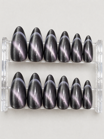 Cat Eye Midnight Charcoal French Press-On nails Set 12 pcs - Free Sticker Sheet