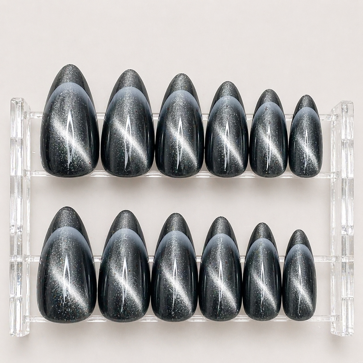 Cat Eye Black Night French Tip Press-On Set 12 pcs - Free Sticker Sheet
