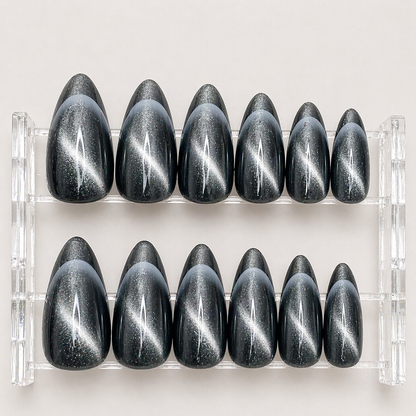 Cat Eye Black Night French Tip Press-On Set 12 pcs - Free Sticker Sheet