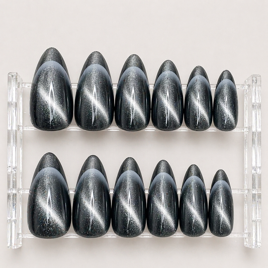 Cat Eye Black Night French Tip Press-On Set 12 pcs - Free Sticker Sheet