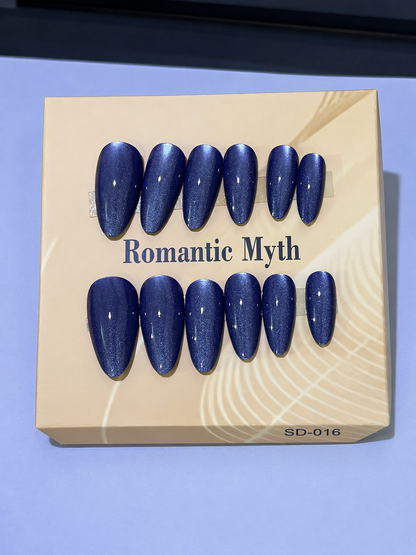 Midnight Blue Cat Eye Magnetic Press-On Nails 12 pcs + Free Sticker Sheet