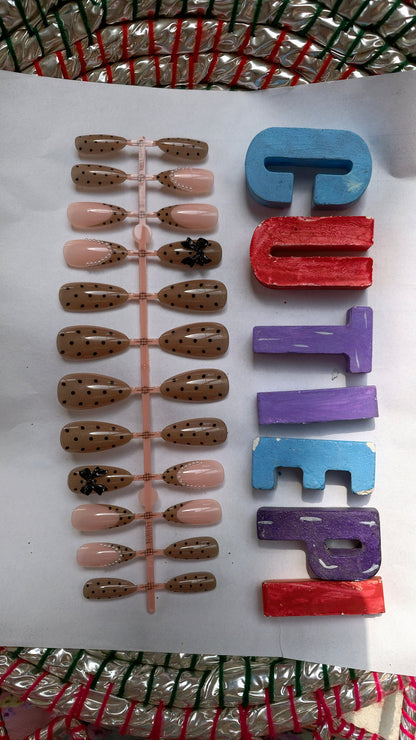 Mocha Polka Dot French Press-On Nails Set 12 pcs - Free Sticker Sheet