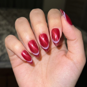 Cat Eye Glossy Red French Press-On nails Set 12 pcs - Free Sticker Sheet