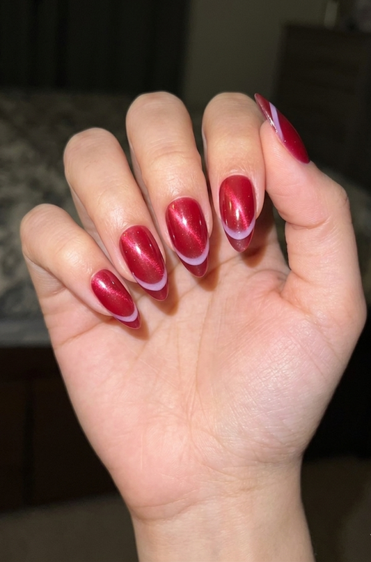 Cat Eye Glossy Red French Press-On nails Set 12 pcs - Free Sticker Sheet