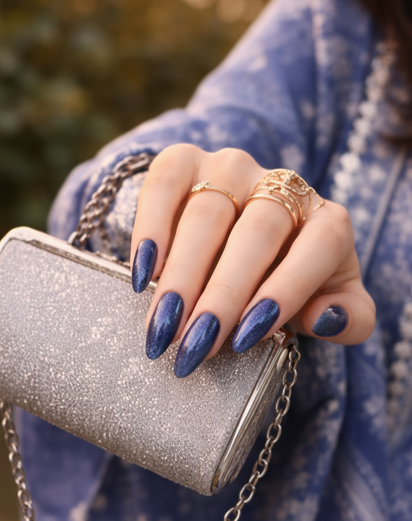 Midnight Blue Cat Eye Magnetic Press-On Nails 12 pcs + Free Sticker Sheet