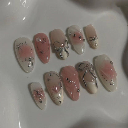 3D Bow Pearl Press-On Nails Set 24 pcs - Free Sticker Sheet
