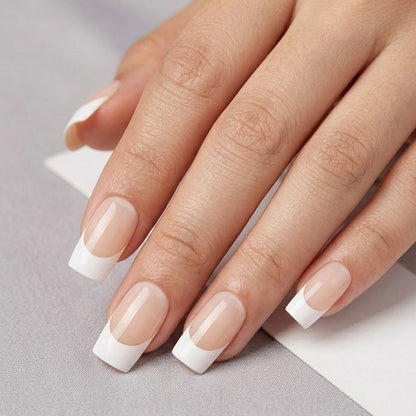 Natural Cream French Tip Square Nails 24 pcs - Free Sticker Sheet included